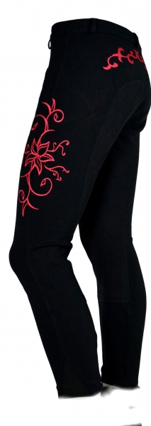 Damen Vollbesatzreithose  "Flower" in Schwarz/Rot